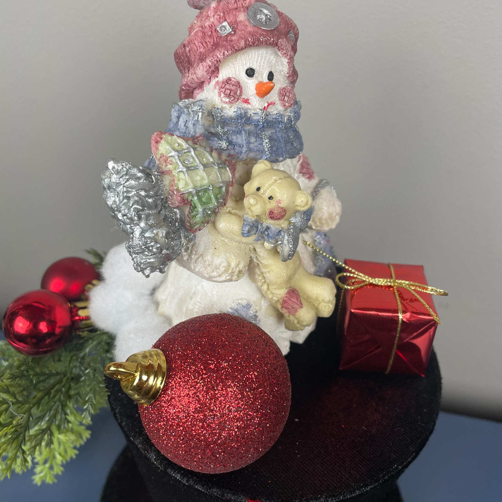 Christmas Top Hat Centerpiece with Snowman, Red Ornaments & Holly