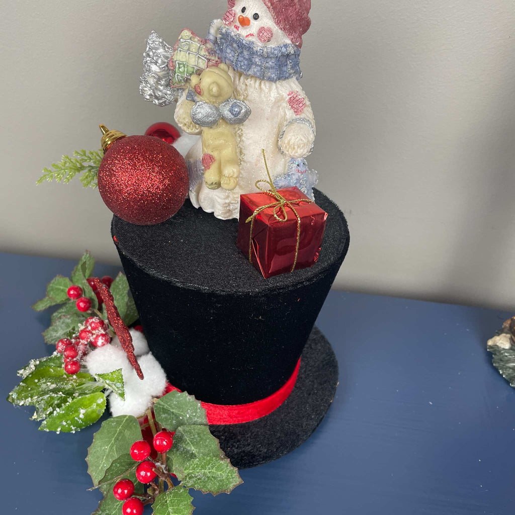 Christmas Top Hat Centerpiece with Snowman, Red Ornaments & Holly