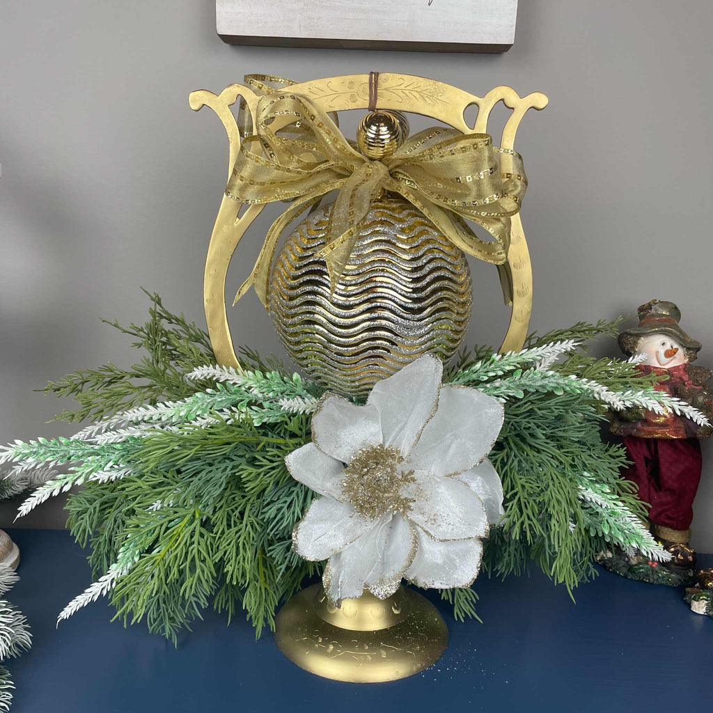 Gold Christmas Centerpiece with White Magnolias on Gong Stand Decor