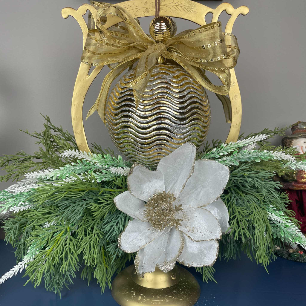 Gold Christmas Centerpiece with White Magnolias on Gong Stand Decor