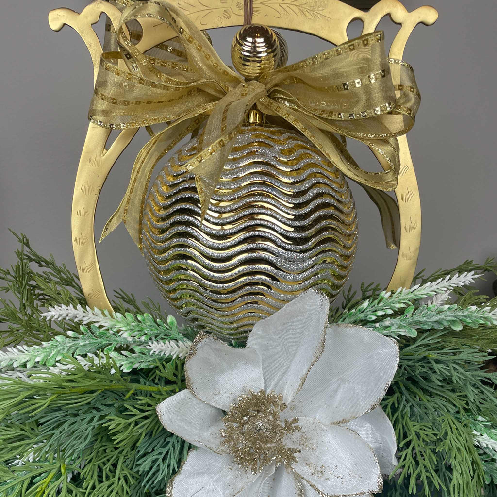 Gold Christmas Centerpiece with White Magnolias on Gong Stand Decor