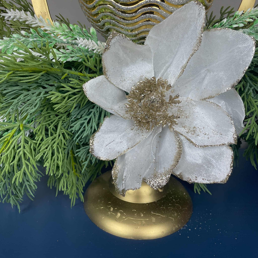 Gold Christmas Centerpiece with White Magnolias on Gong Stand Decor