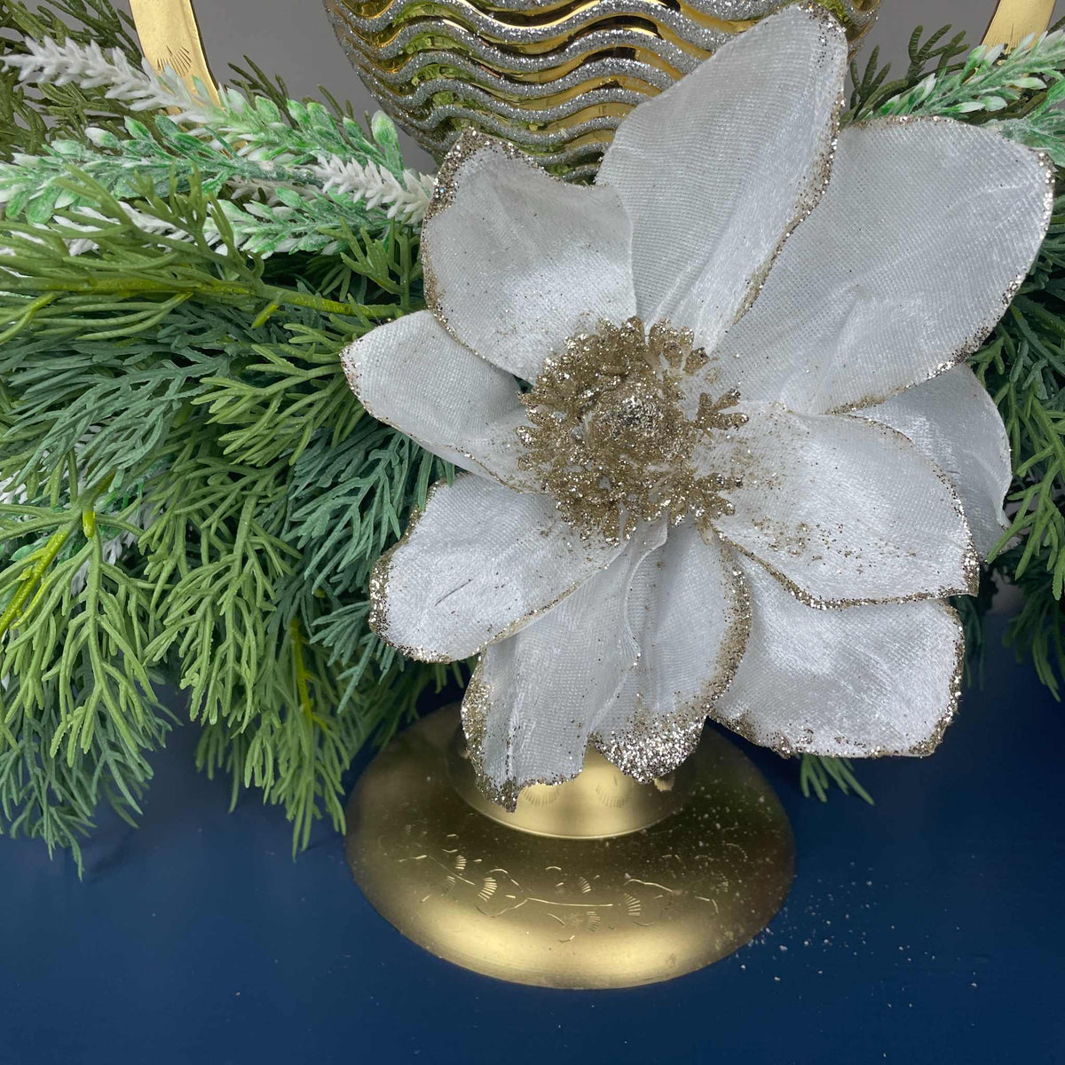 Gold Christmas Centerpiece with White Magnolias on Gong Stand Decor
