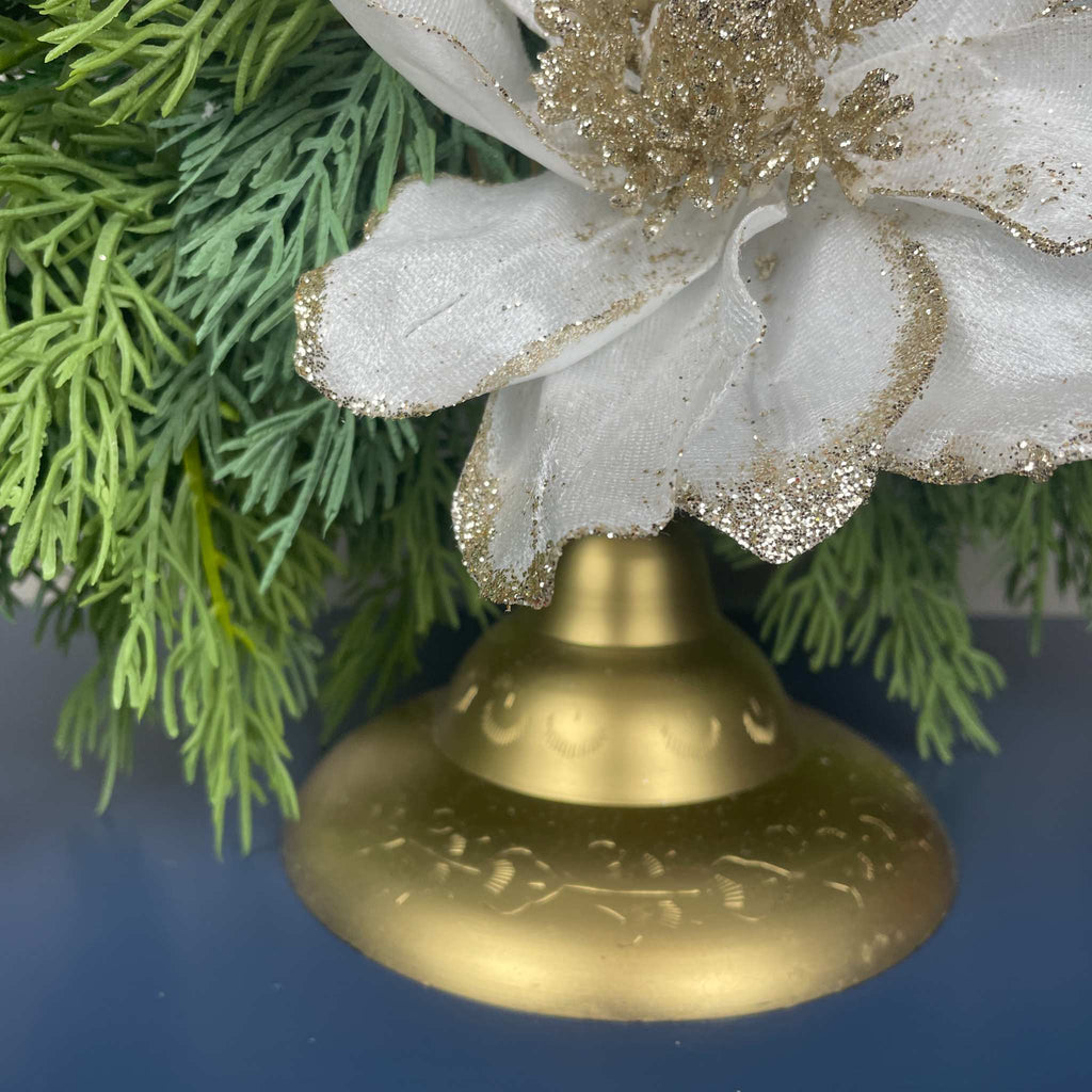Gold Christmas Centerpiece with White Magnolias on Gong Stand Decor