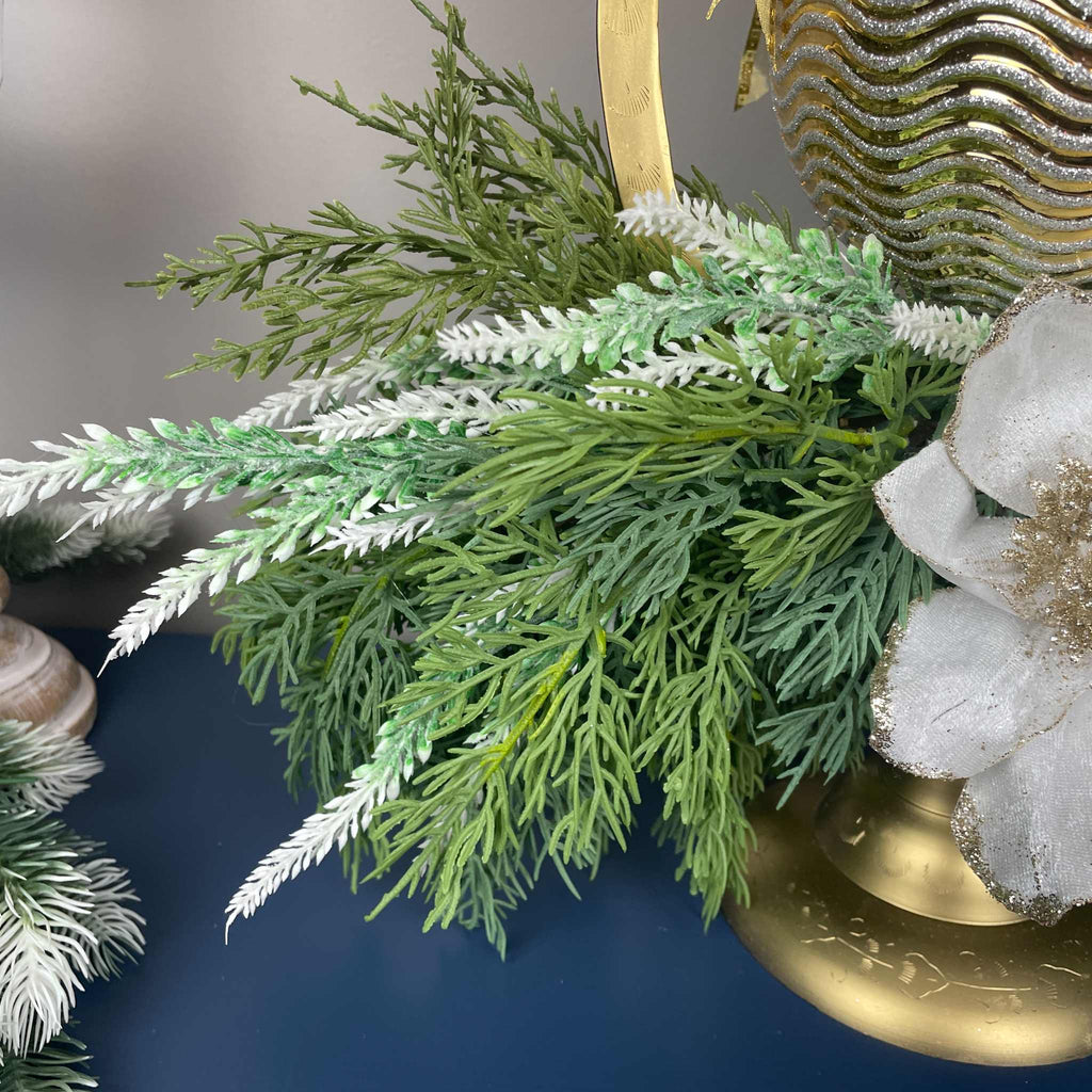 Gold Christmas Centerpiece with White Magnolias on Gong Stand Decor