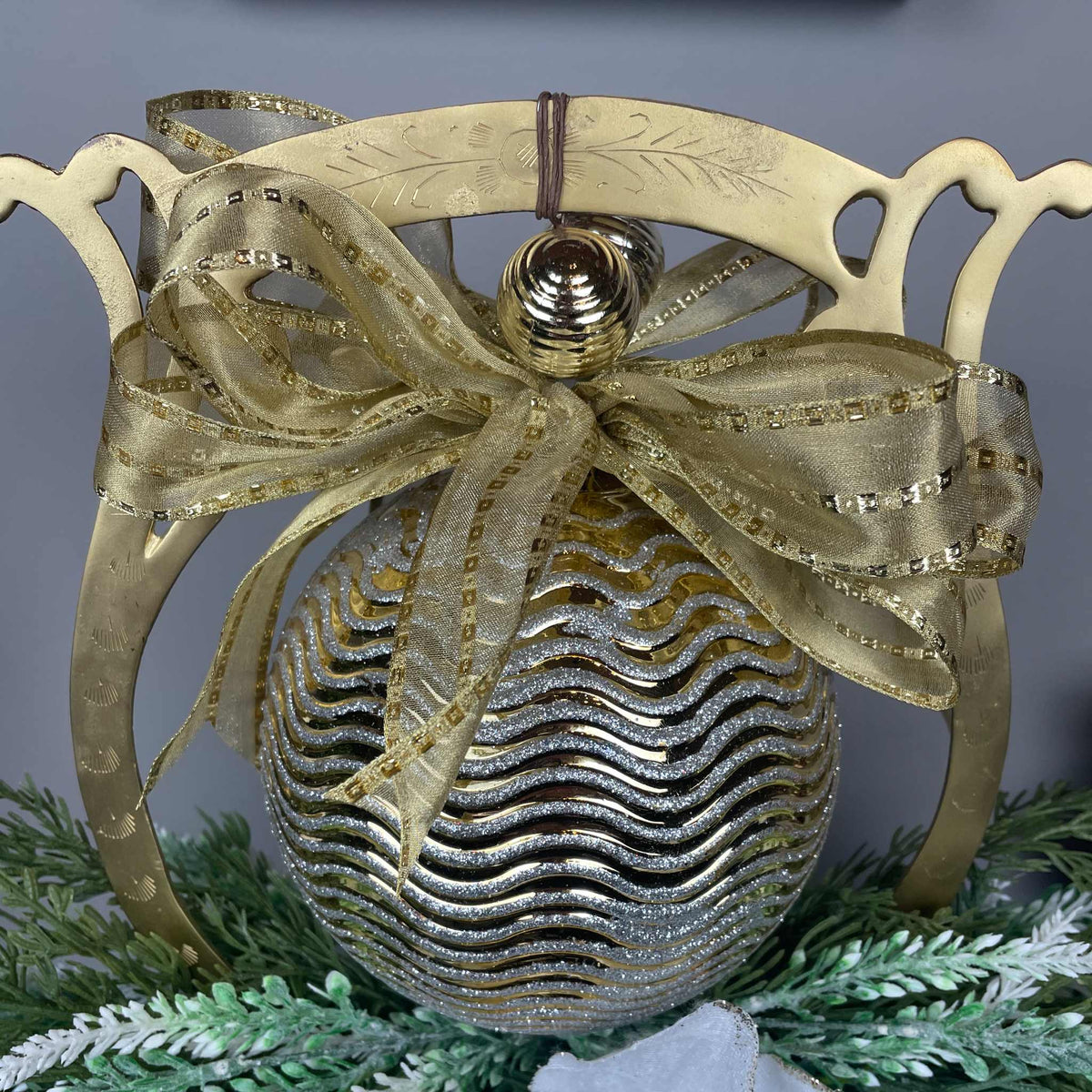 Gold Christmas Centerpiece with White Magnolias on Gong Stand Decor