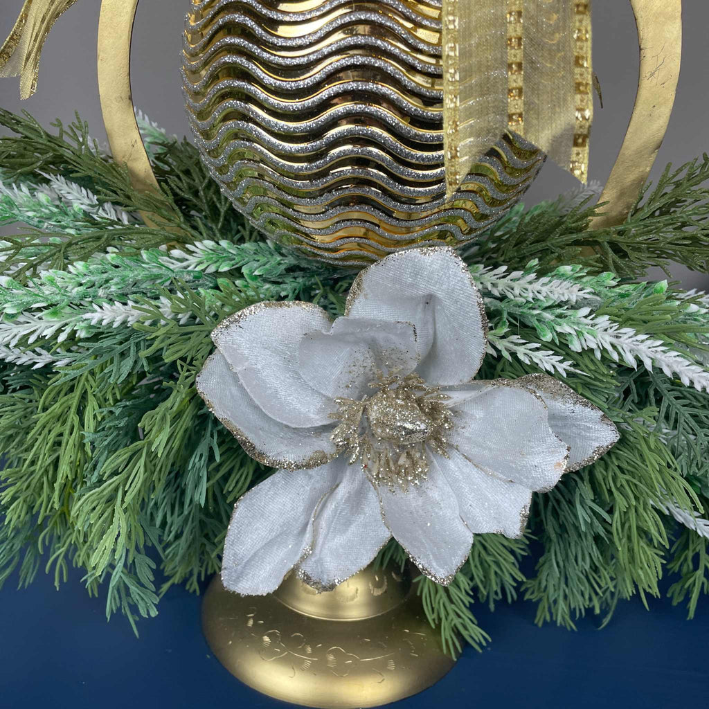 Gold Christmas Centerpiece with White Magnolias on Gong Stand Decor
