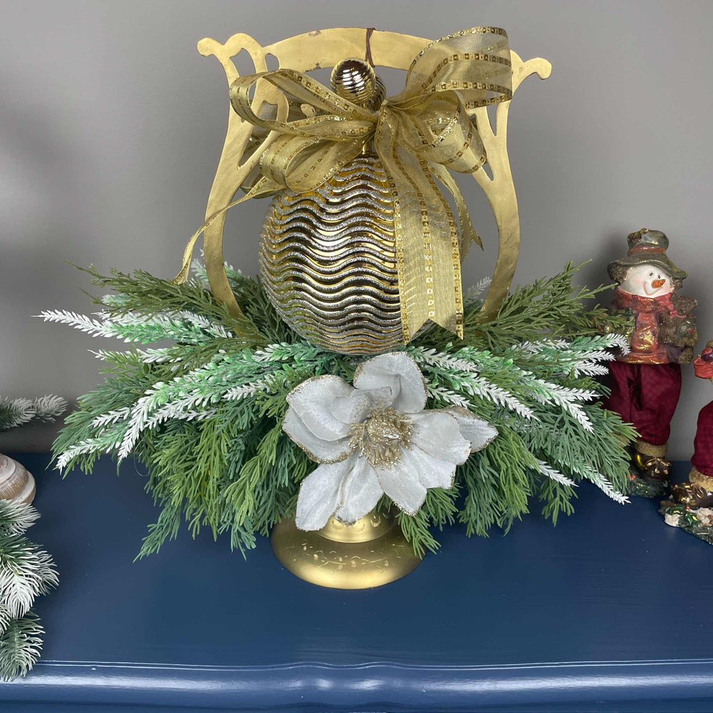 Gold Christmas Centerpiece with White Magnolias on Gong Stand Decor