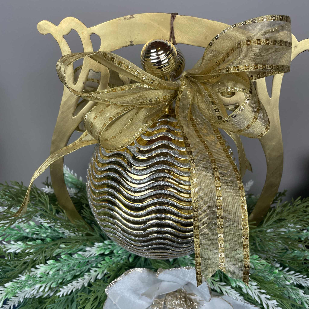 Gold Christmas Centerpiece with White Magnolias on Gong Stand Decor