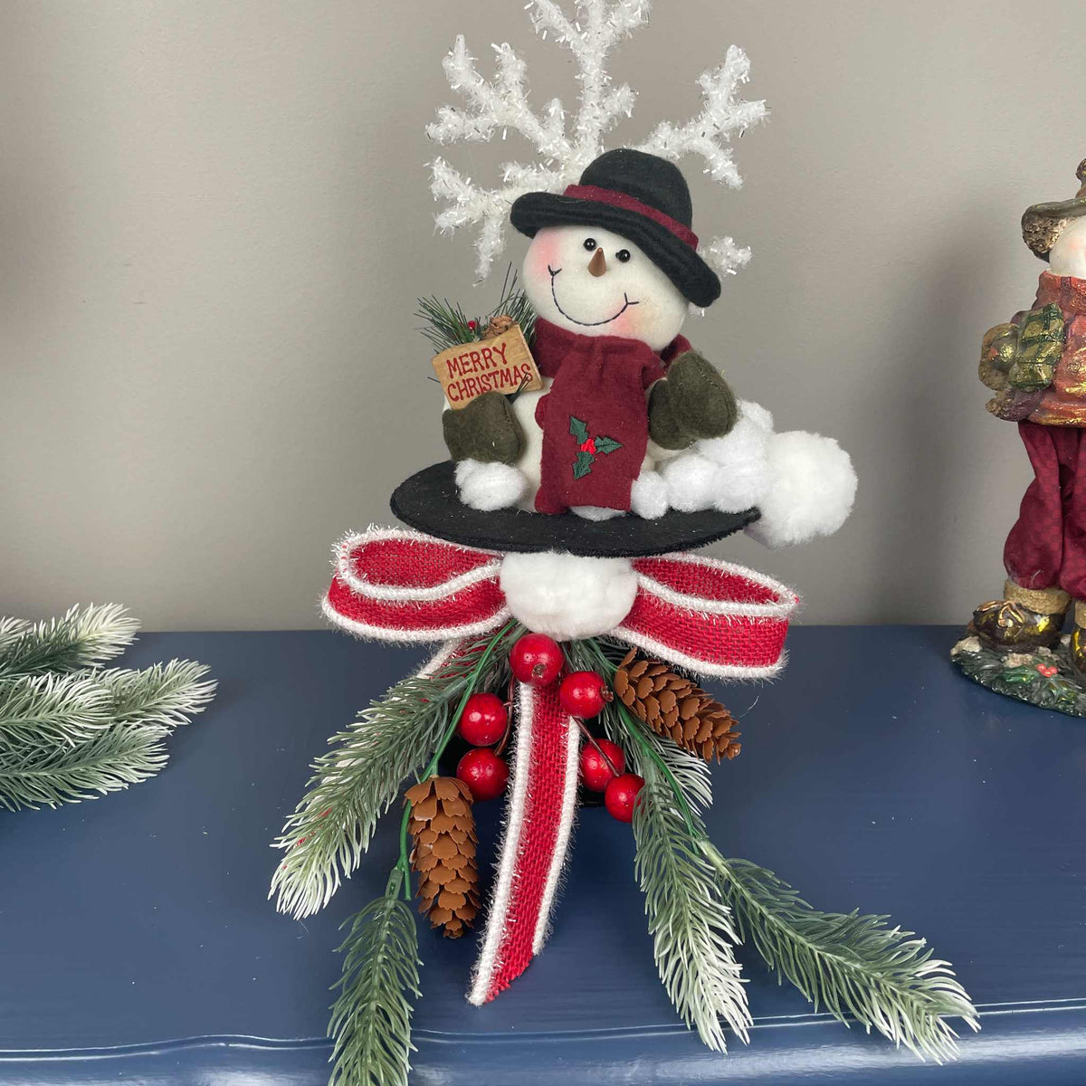 Snowman Christmas Decoration in Black Top Hat with Snowflake Decor