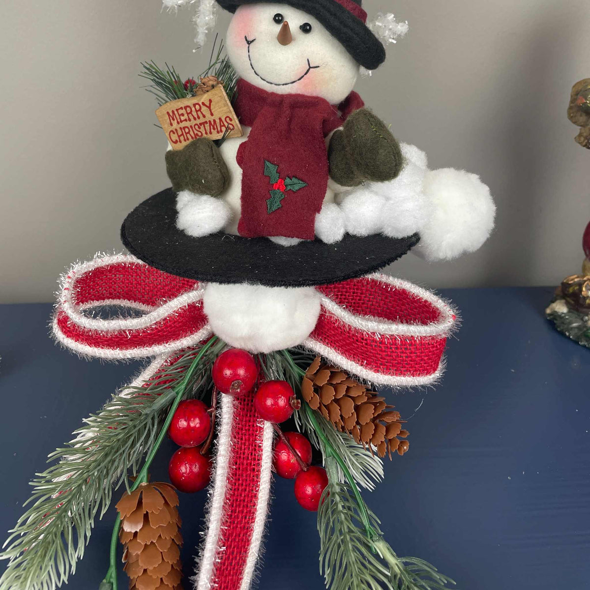 Snowman Christmas Decoration in Black Top Hat with Snowflake Decor