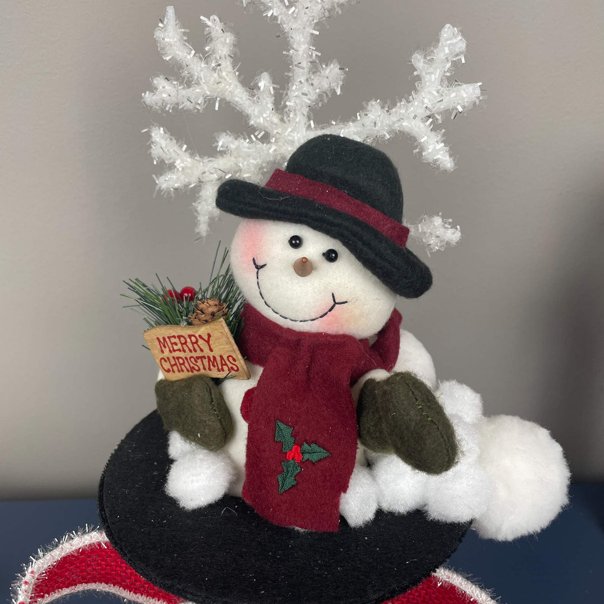 Snowman Christmas Decoration in Black Top Hat with Snowflake Decor