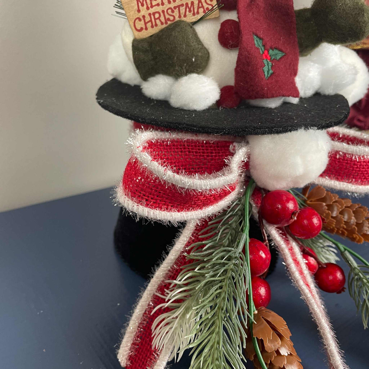 Snowman Christmas Decoration in Black Top Hat with Snowflake Decor