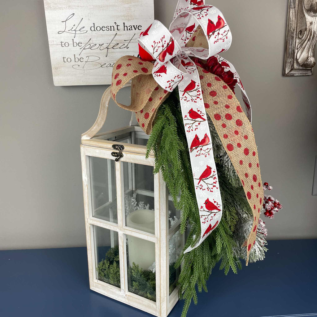 Christmas Lantern with Cardinal Swag & Greenery Winter Centerpiece