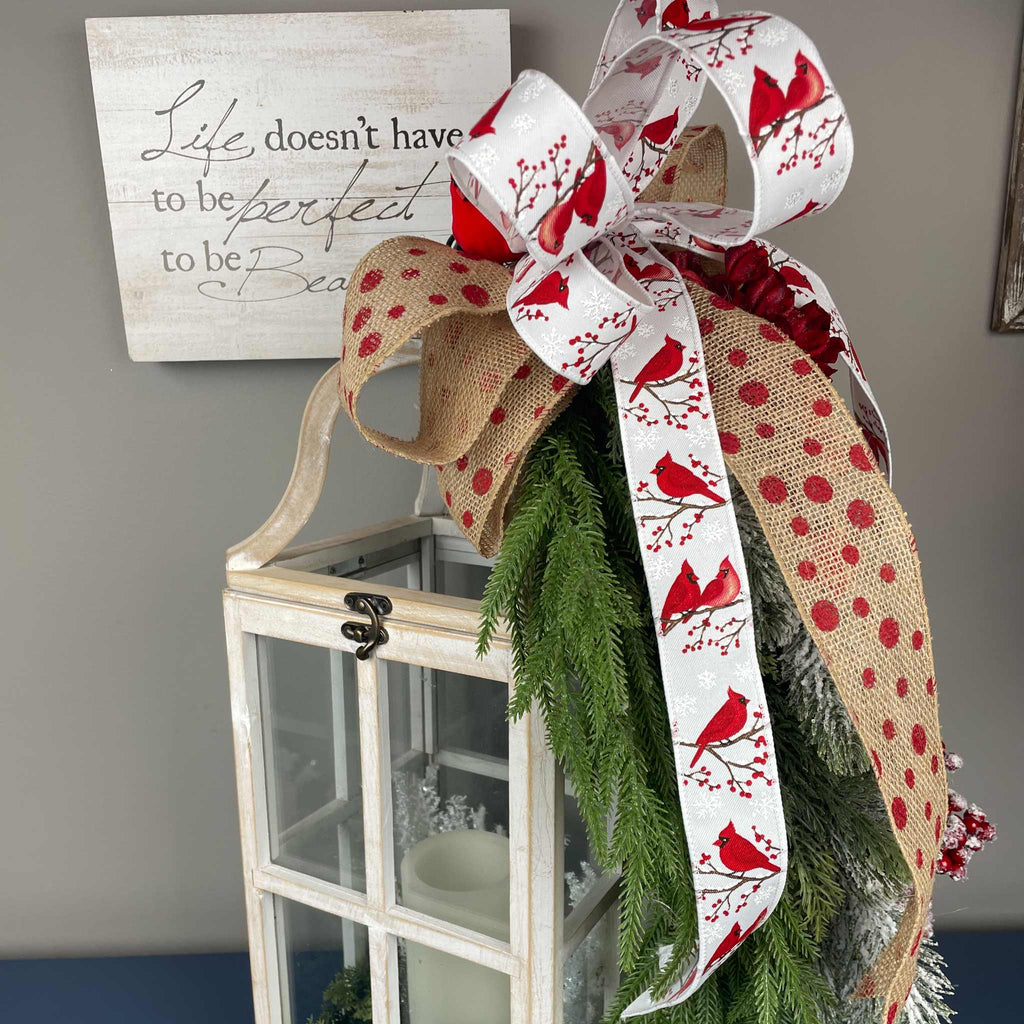 Christmas Lantern with Cardinal Swag & Greenery Winter Centerpiece