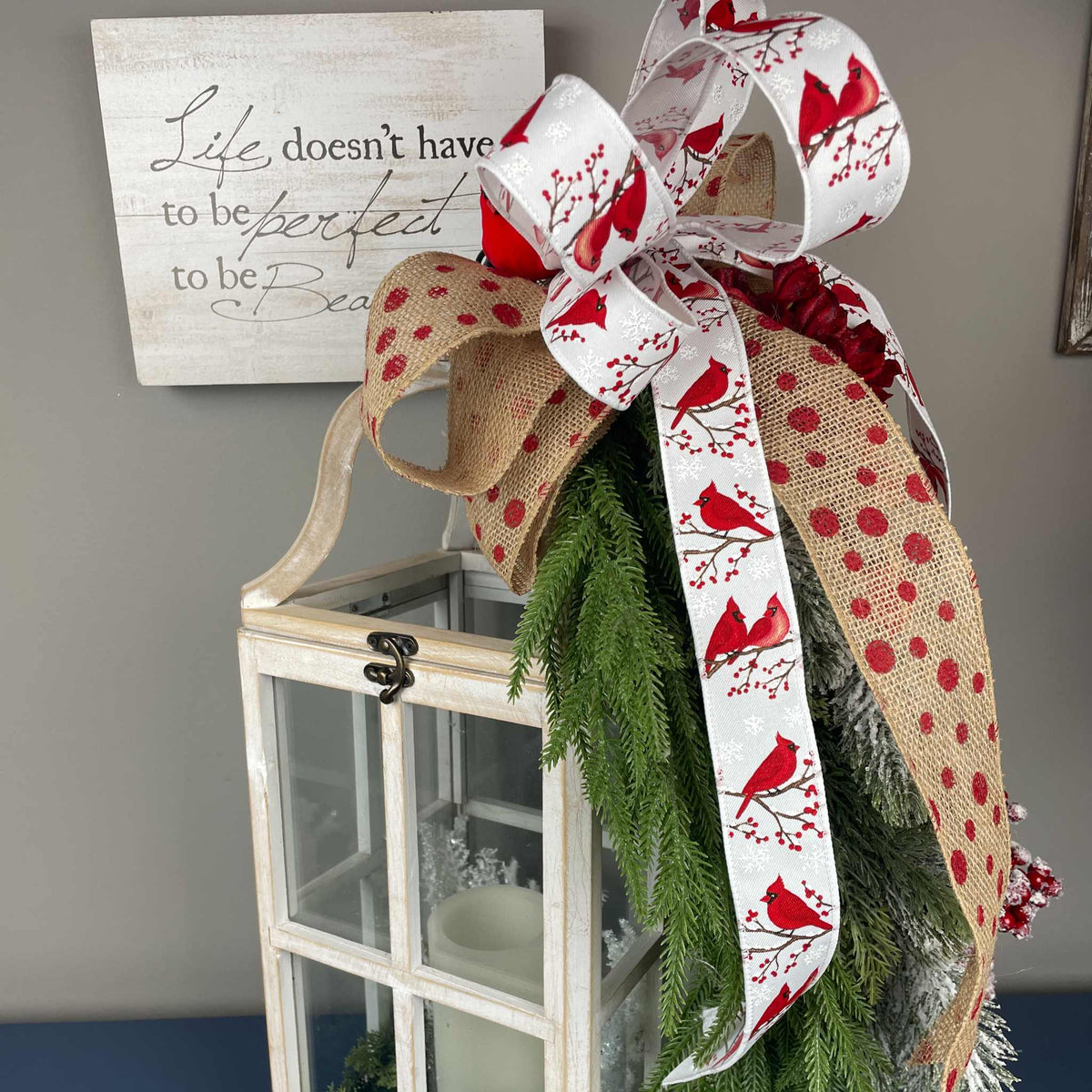 Christmas Lantern with Cardinal Swag & Greenery Winter Centerpiece