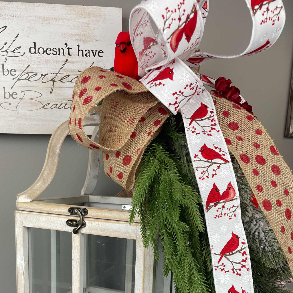 Christmas Lantern with Cardinal Swag & Greenery Winter Centerpiece
