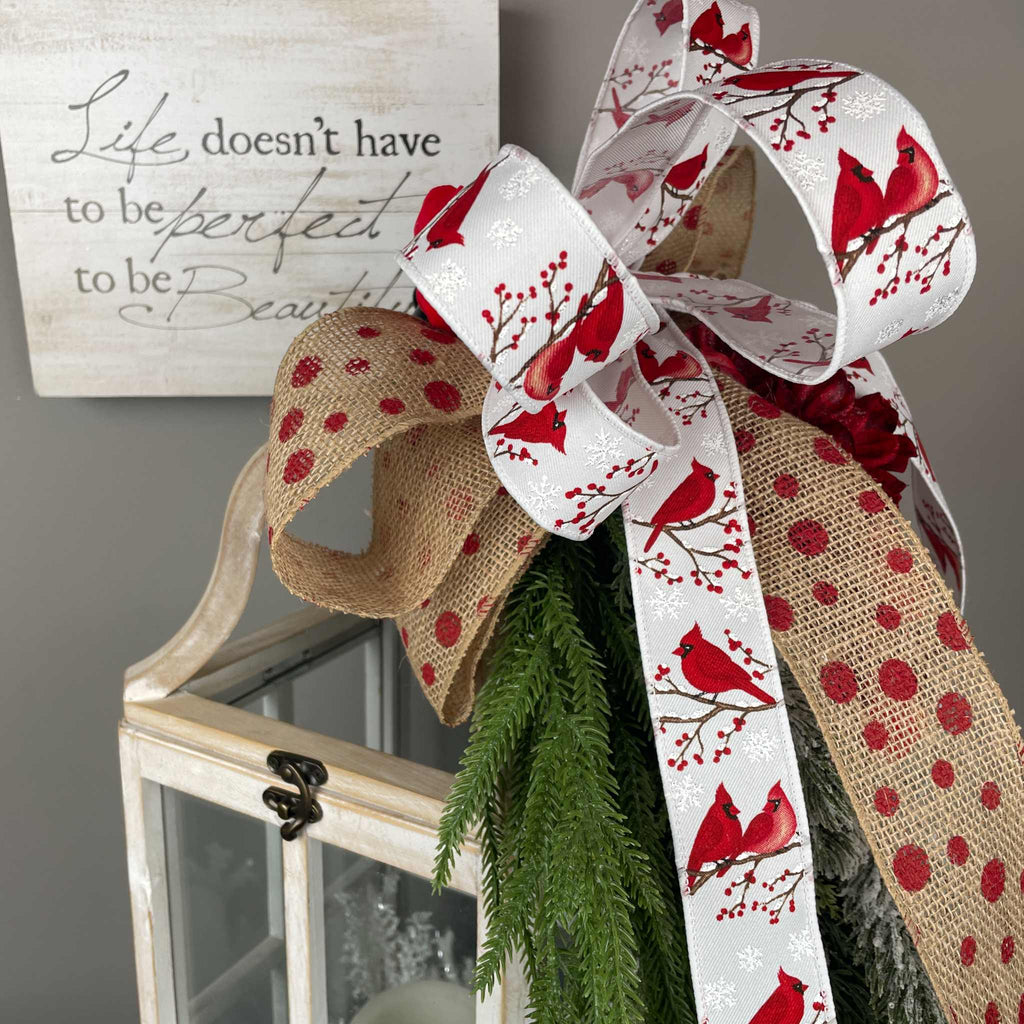 Christmas Lantern with Cardinal Swag & Greenery Winter Centerpiece
