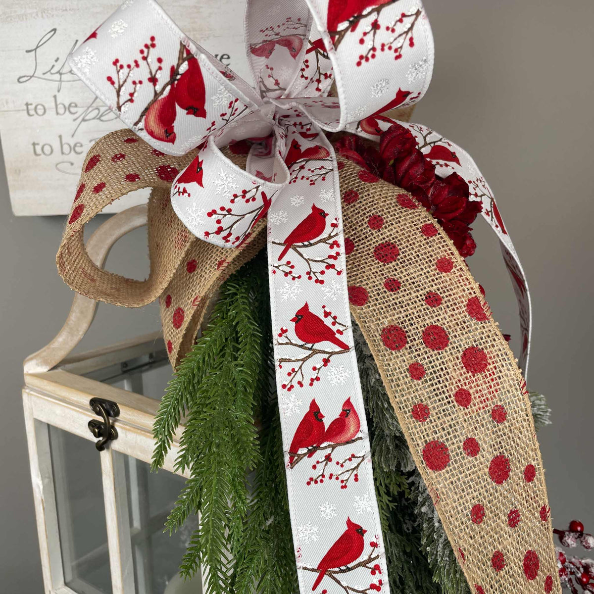 Christmas Lantern with Cardinal Swag & Greenery Winter Centerpiece
