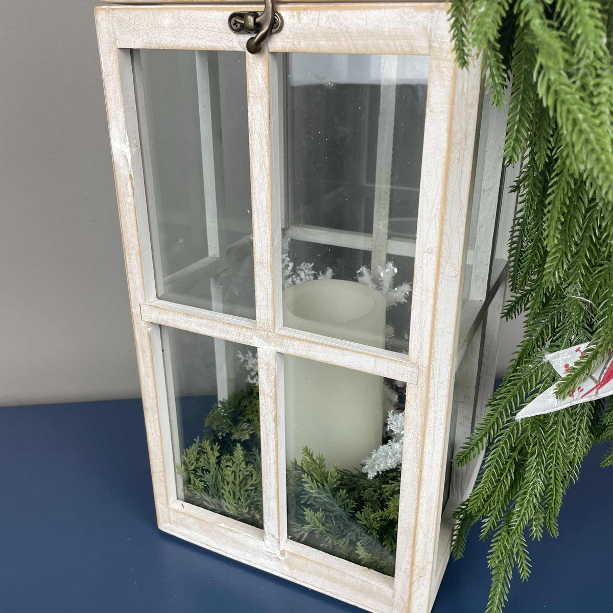 Christmas Lantern with Cardinal Swag & Greenery Winter Centerpiece