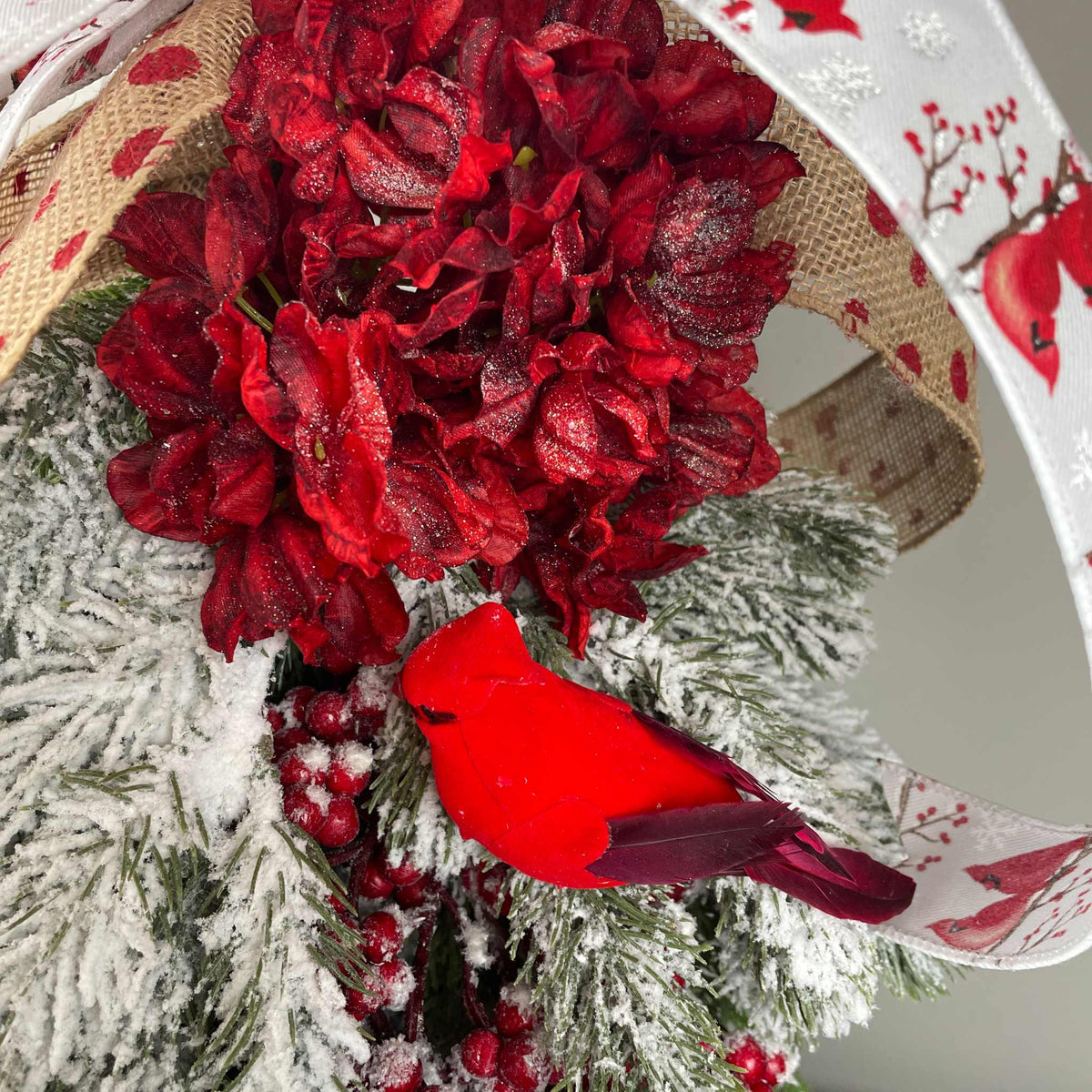Christmas Lantern with Cardinal Swag & Greenery Winter Centerpiece