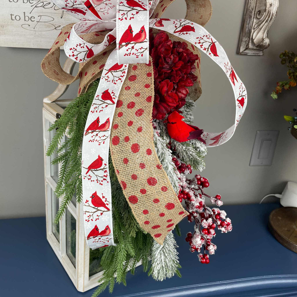 Christmas Lantern with Cardinal Swag & Greenery Winter Centerpiece