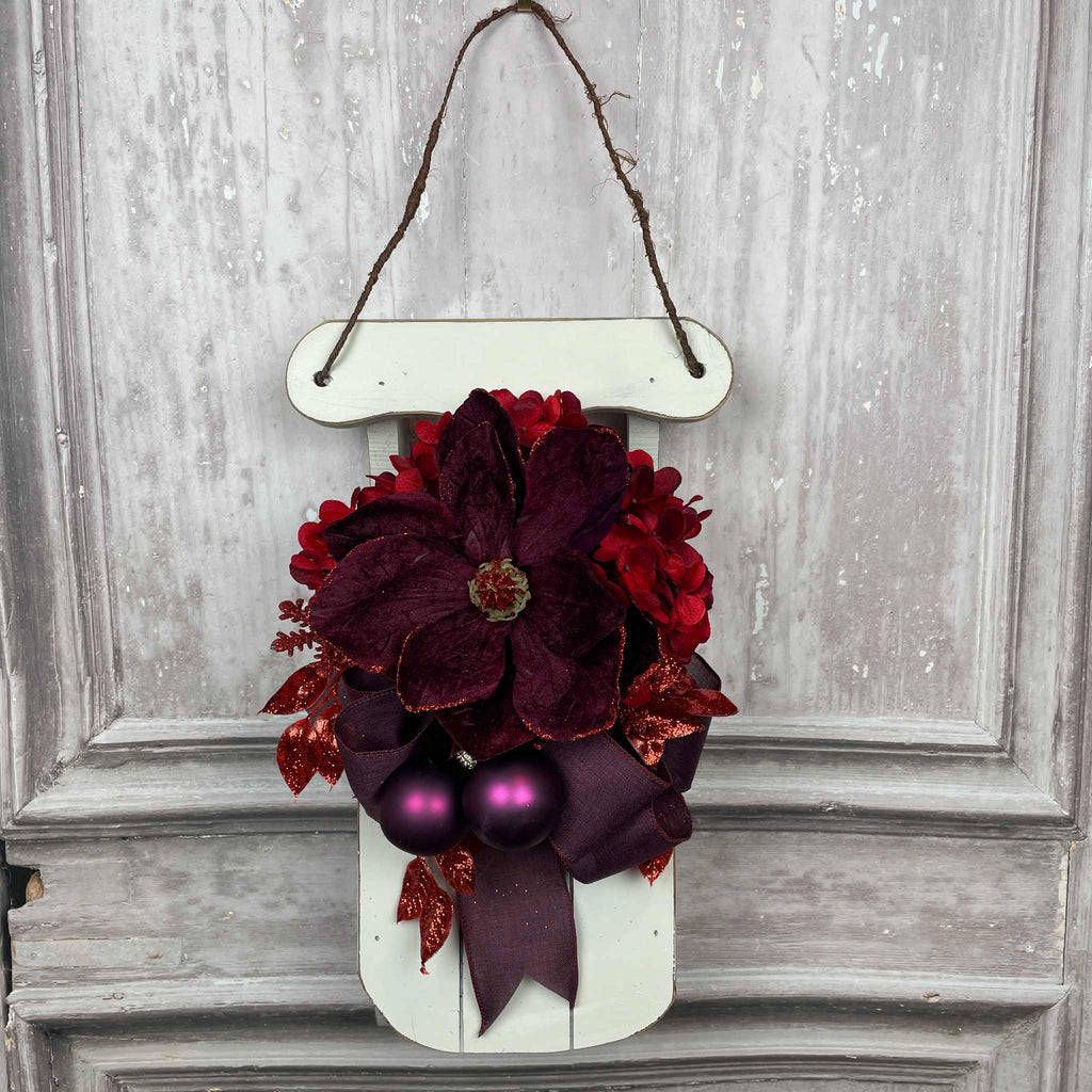 Christmas Sleigh Wall Decor/Centerpiece with Plum Magnolia & Red Accents