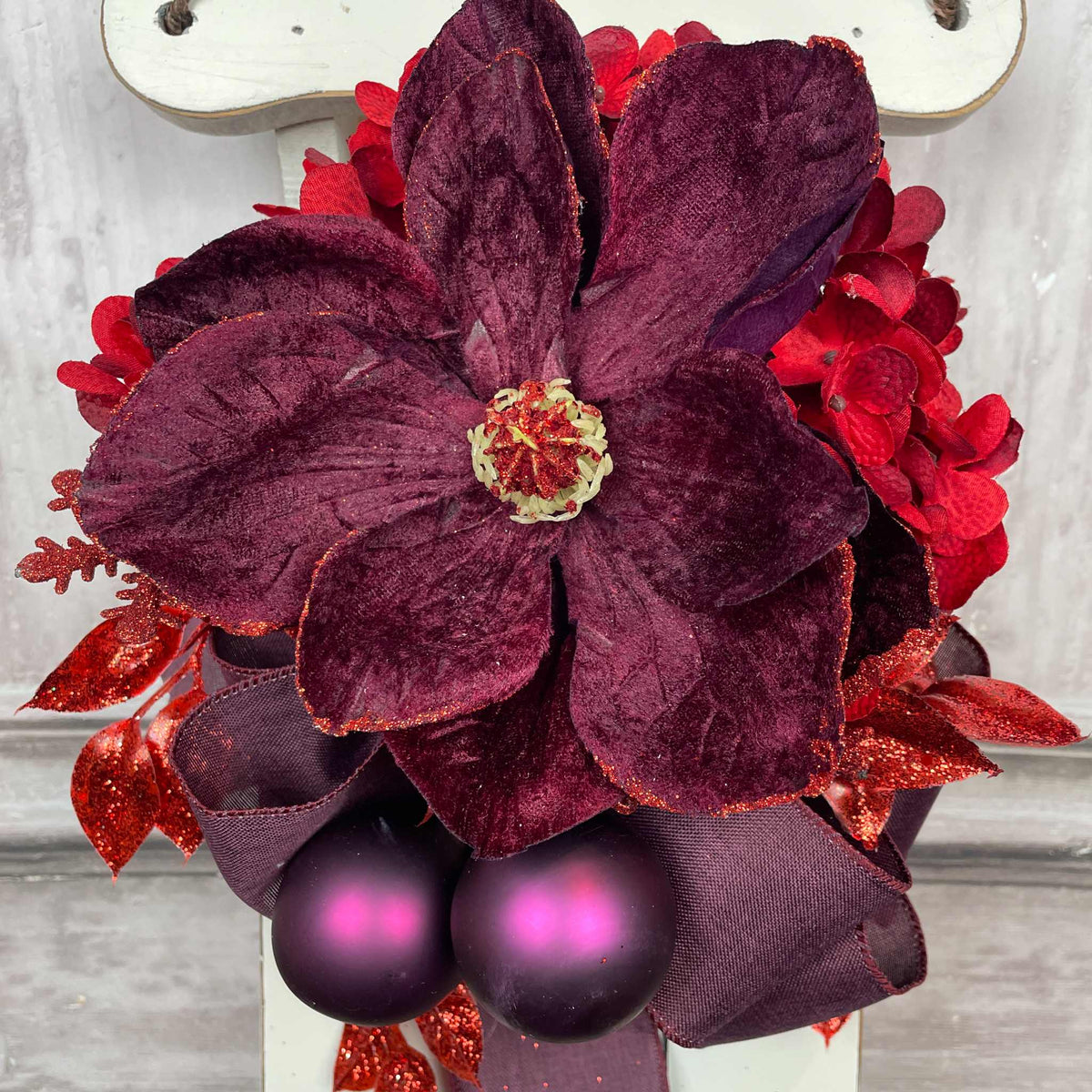 Christmas Sleigh Wall Decor/Centerpiece with Plum Magnolia & Red Accents