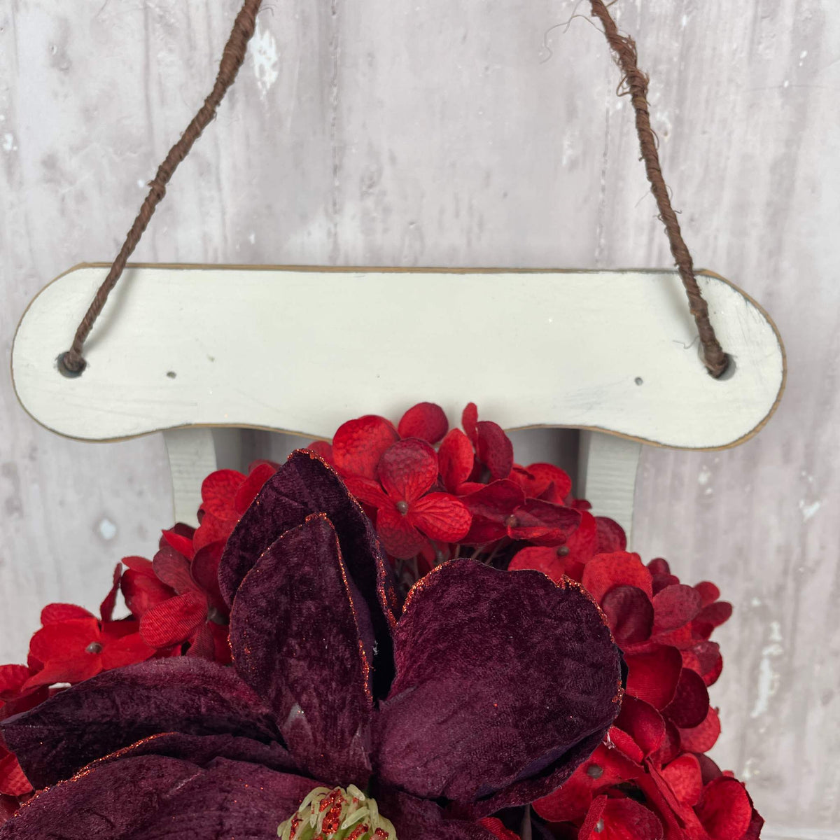 Christmas Sleigh Wall Decor/Centerpiece with Plum Magnolia & Red Accents