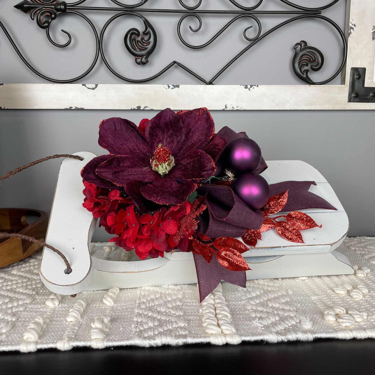 Christmas Sleigh Wall Decor/Centerpiece with Plum Magnolia & Red Accents