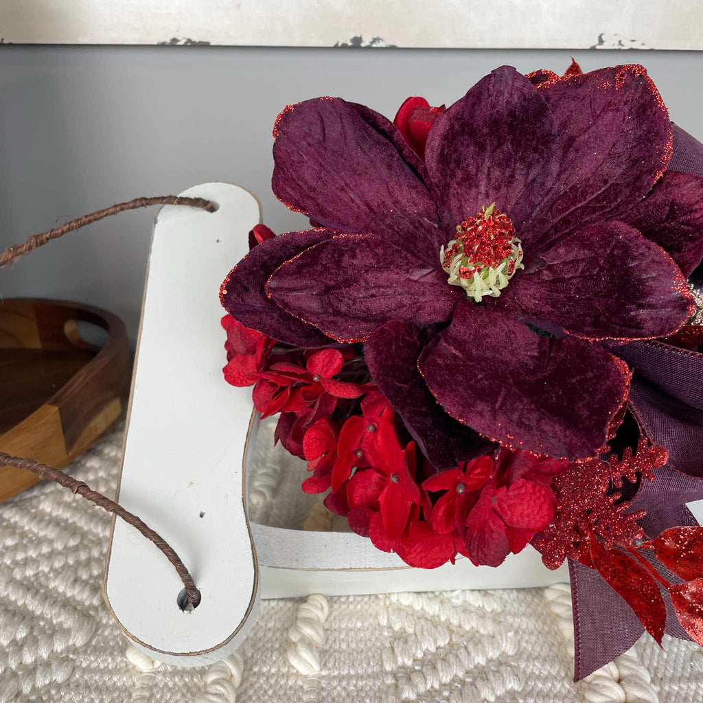 Christmas Sleigh Wall Decor/Centerpiece with Plum Magnolia & Red Accents