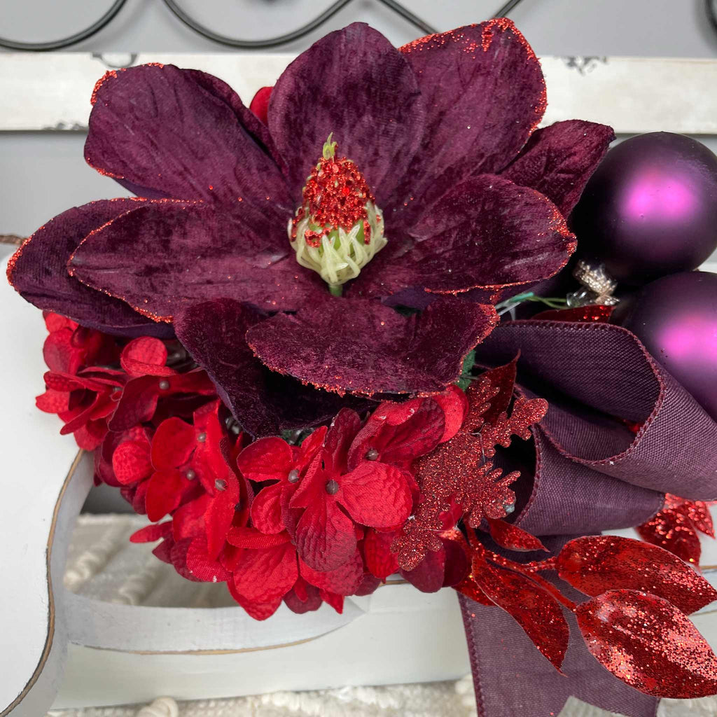 Christmas Sleigh Wall Decor/Centerpiece with Plum Magnolia & Red Accents
