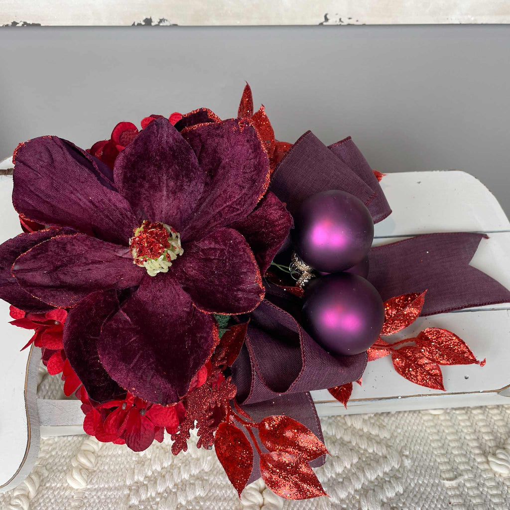 Christmas Sleigh Wall Decor/Centerpiece with Plum Magnolia & Red Accents