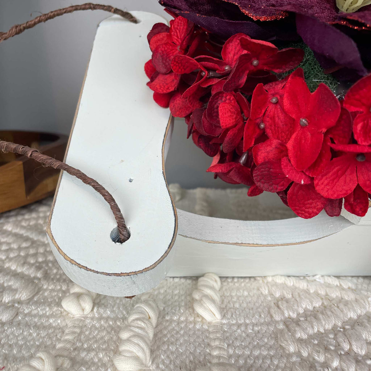 Christmas Sleigh Wall Decor/Centerpiece with Plum Magnolia & Red Accents