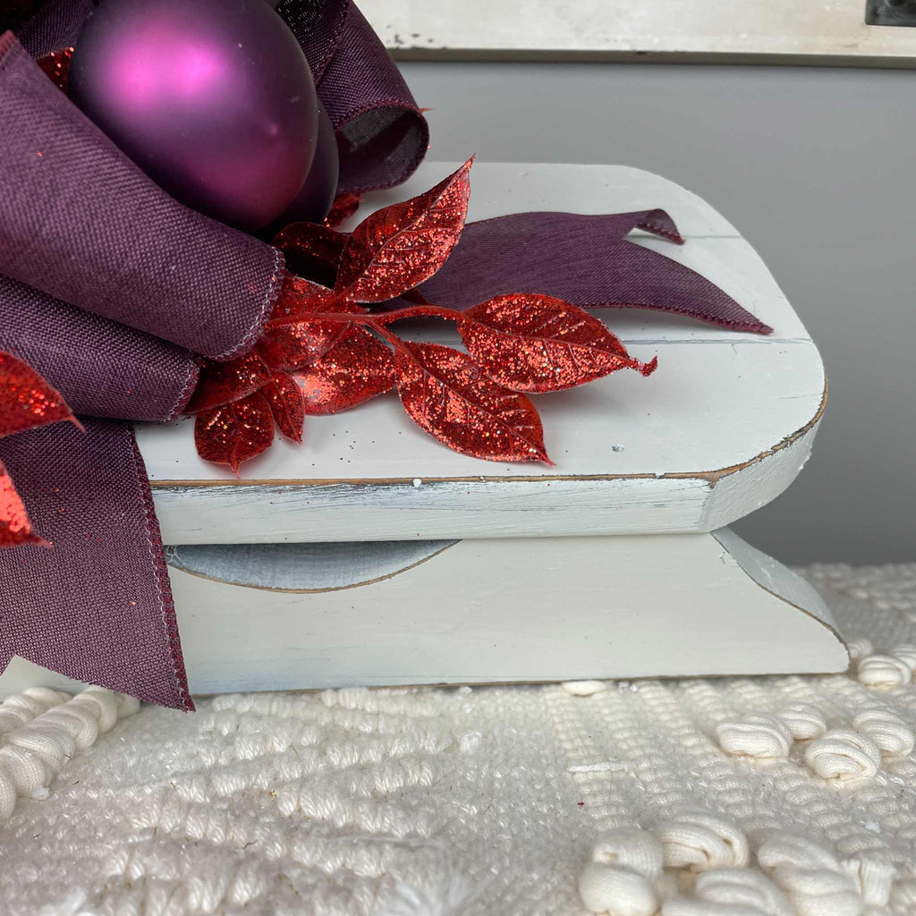 Christmas Sleigh Wall Decor/Centerpiece with Plum Magnolia & Red Accents