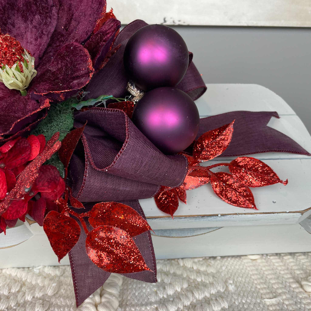 Christmas Sleigh Wall Decor/Centerpiece with Plum Magnolia & Red Accents