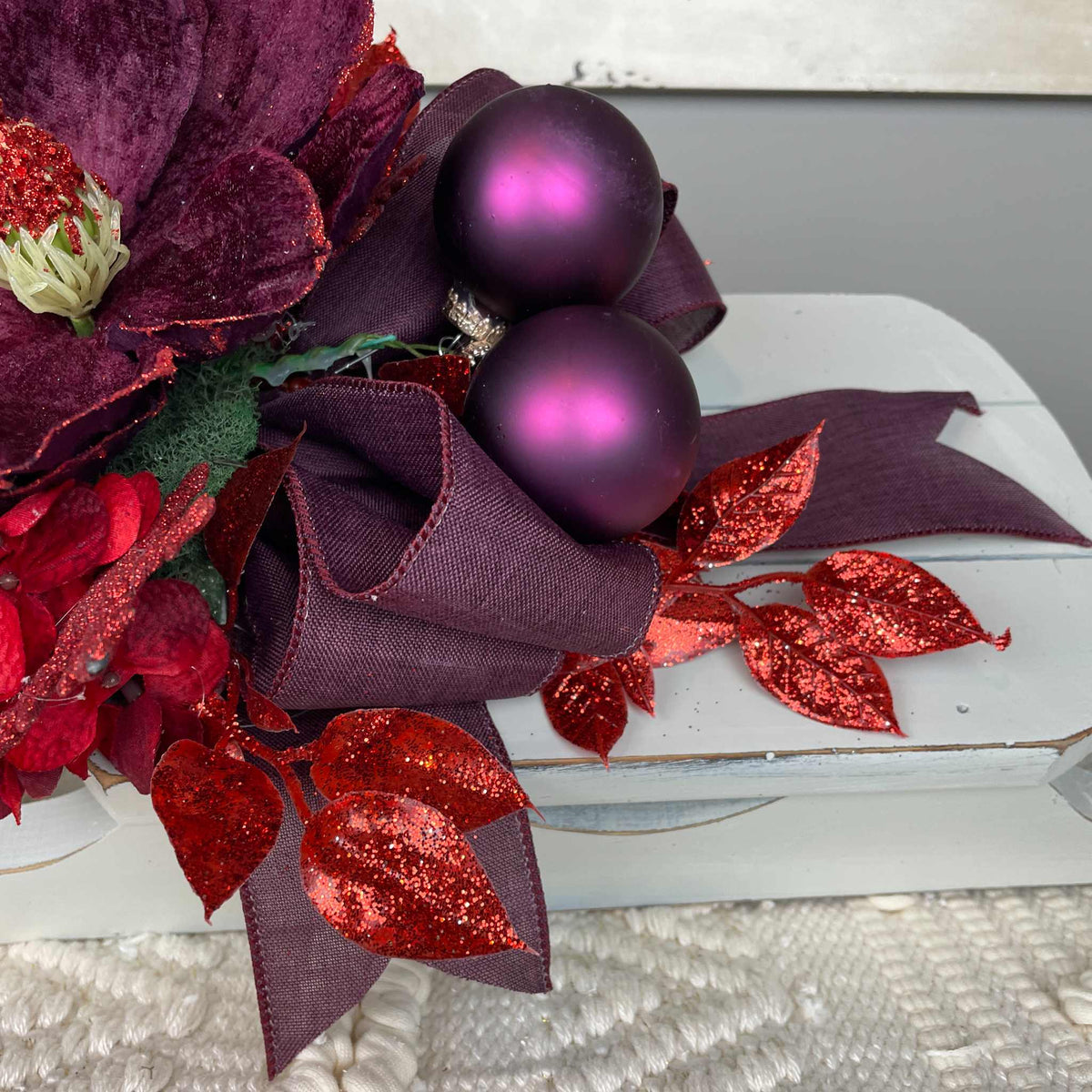 Christmas Sleigh Wall Decor/Centerpiece with Plum Magnolia & Red Accents
