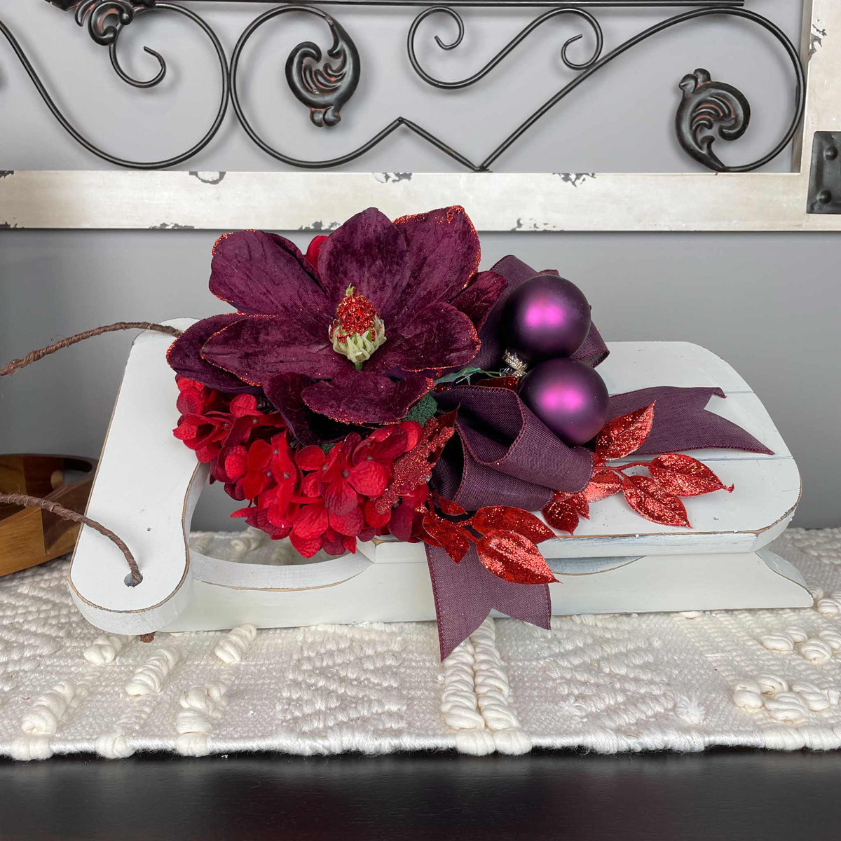 Christmas Sleigh Wall Decor/Centerpiece with Plum Magnolia & Red Accents