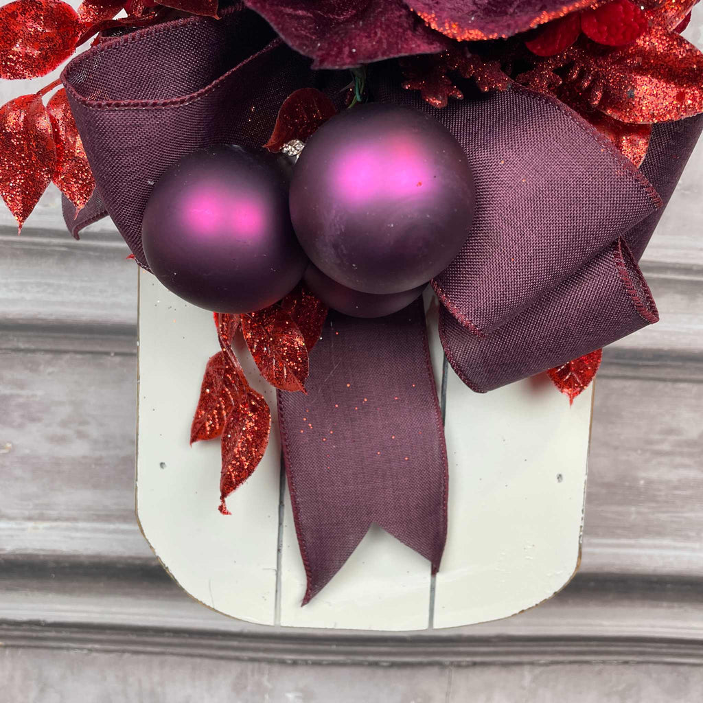 Christmas Sleigh Wall Decor/Centerpiece with Plum Magnolia & Red Accents