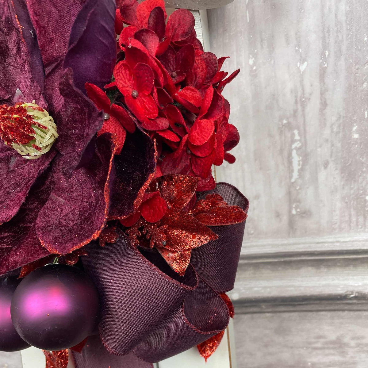 Christmas Sleigh Wall Decor/Centerpiece with Plum Magnolia & Red Accents