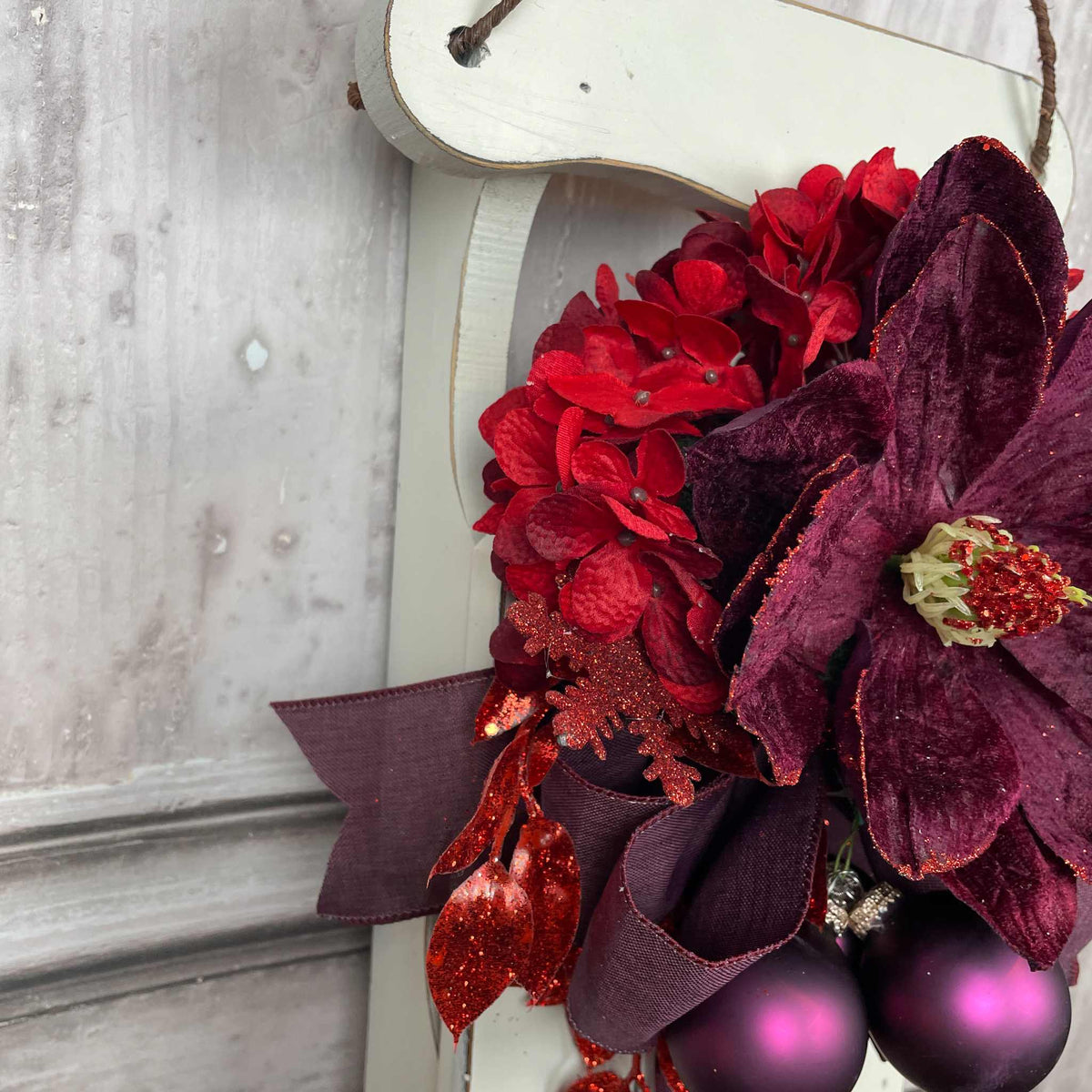 Christmas Sleigh Wall Decor/Centerpiece with Plum Magnolia & Red Accents