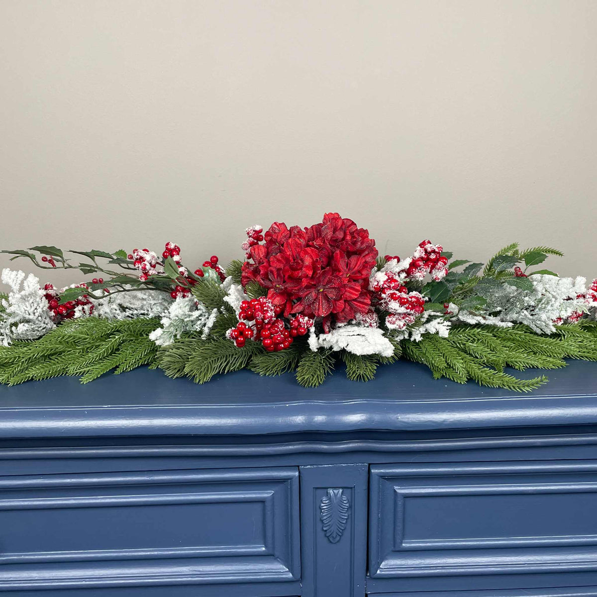 Christmas Swag Centerpiece Red Hydrangea Snowy Pine