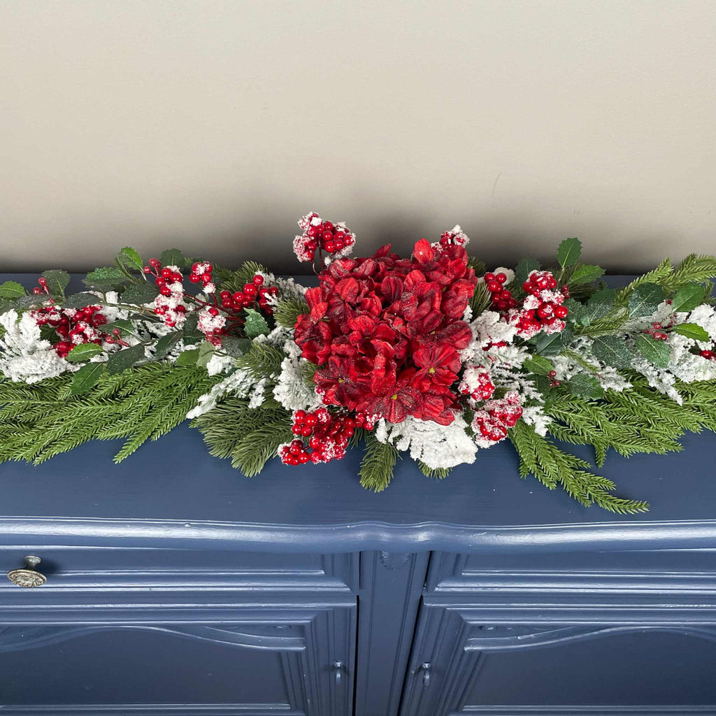 Christmas Swag Centerpiece Red Hydrangea Snowy Pine