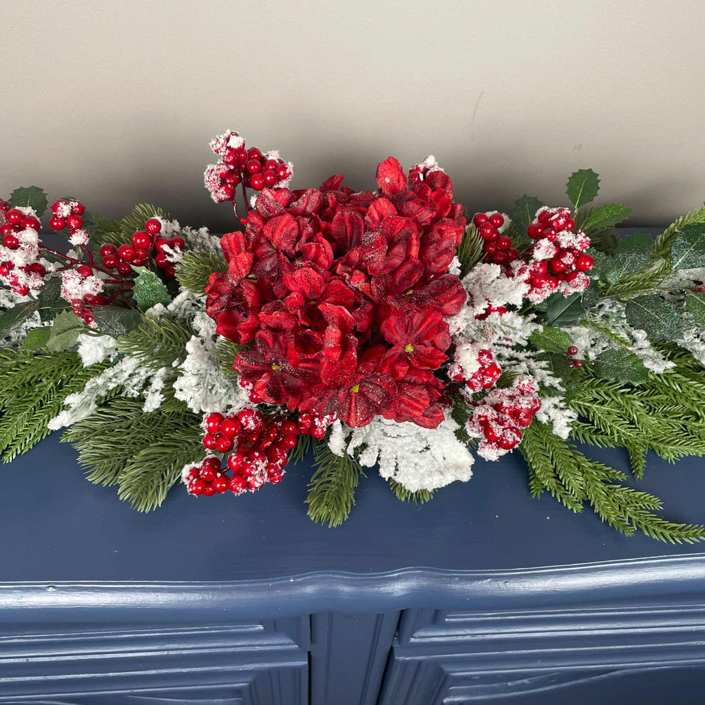 Christmas Swag Centerpiece Red Hydrangea Snowy Pine