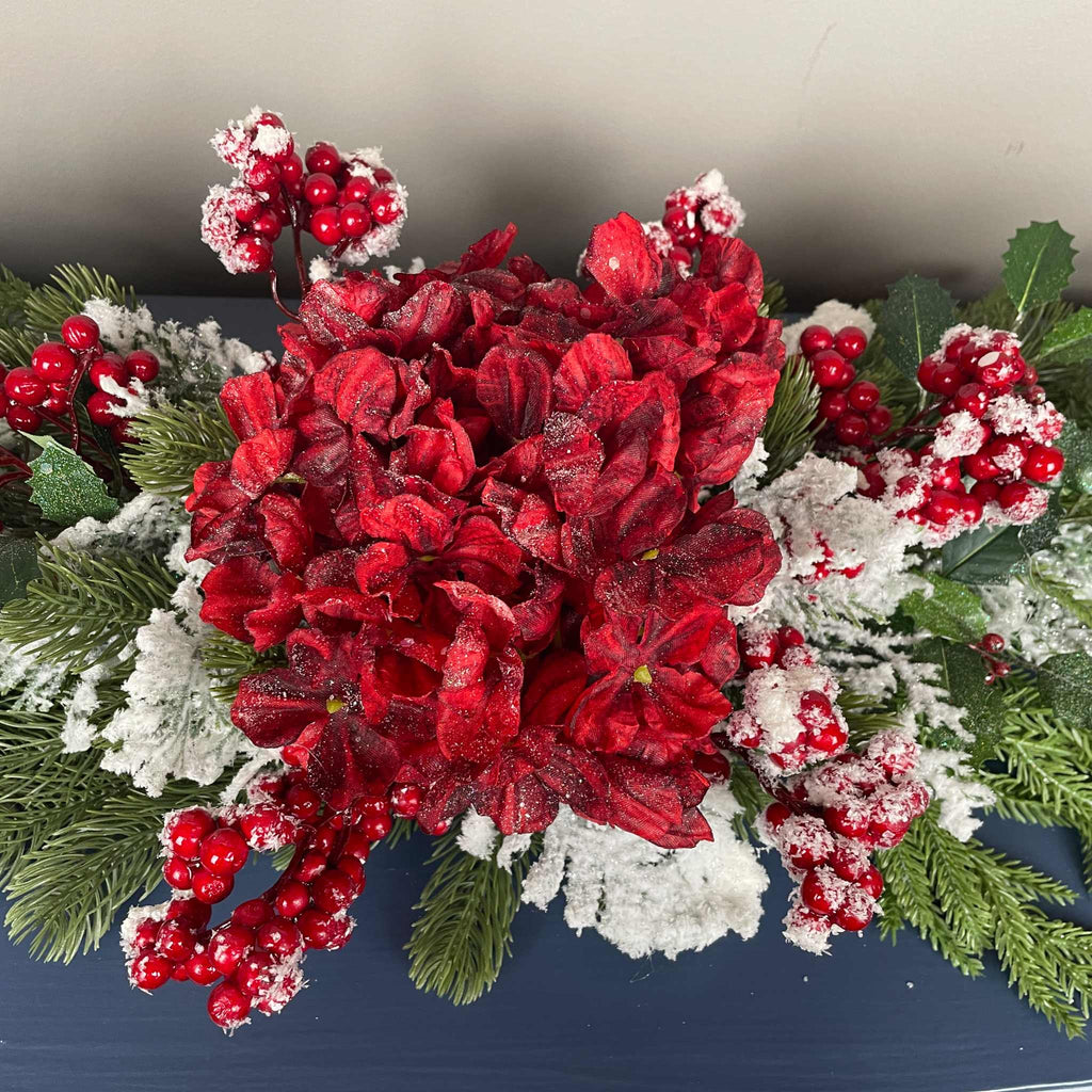 Christmas Swag Centerpiece Red Hydrangea Snowy Pine