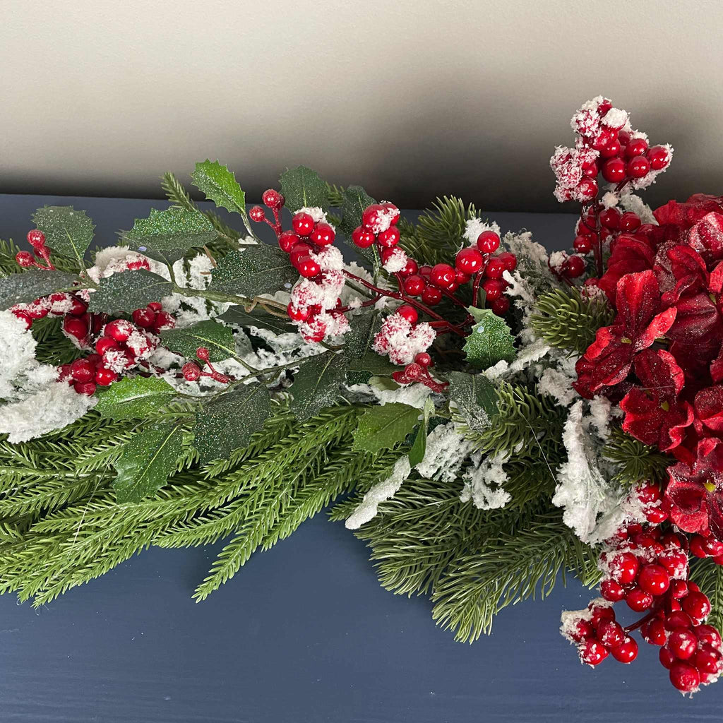 Christmas Swag Centerpiece Red Hydrangea Snowy Pine