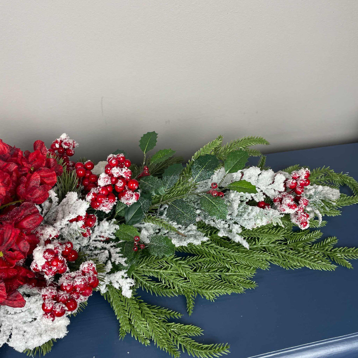 Christmas Swag Centerpiece Red Hydrangea Snowy Pine