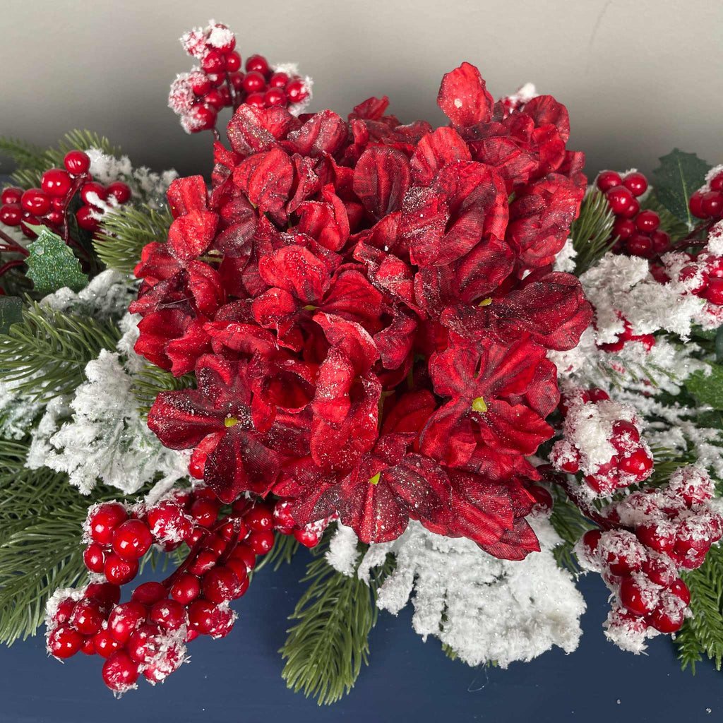 Christmas Swag Centerpiece Red Hydrangea Snowy Pine