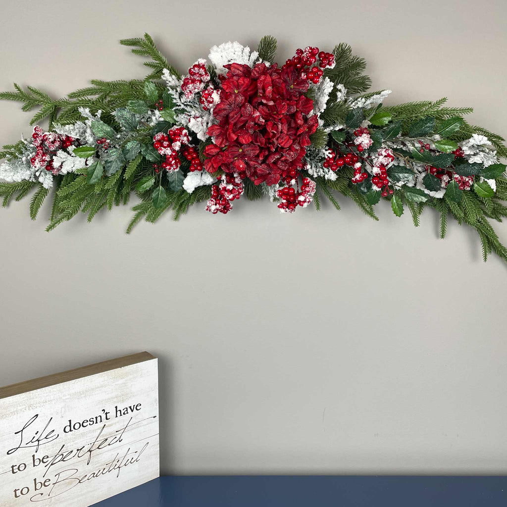 Christmas Swag Centerpiece Red Hydrangea Snowy Pine