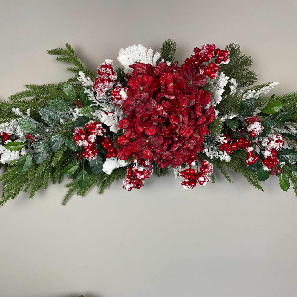Christmas Swag Centerpiece Red Hydrangea Snowy Pine